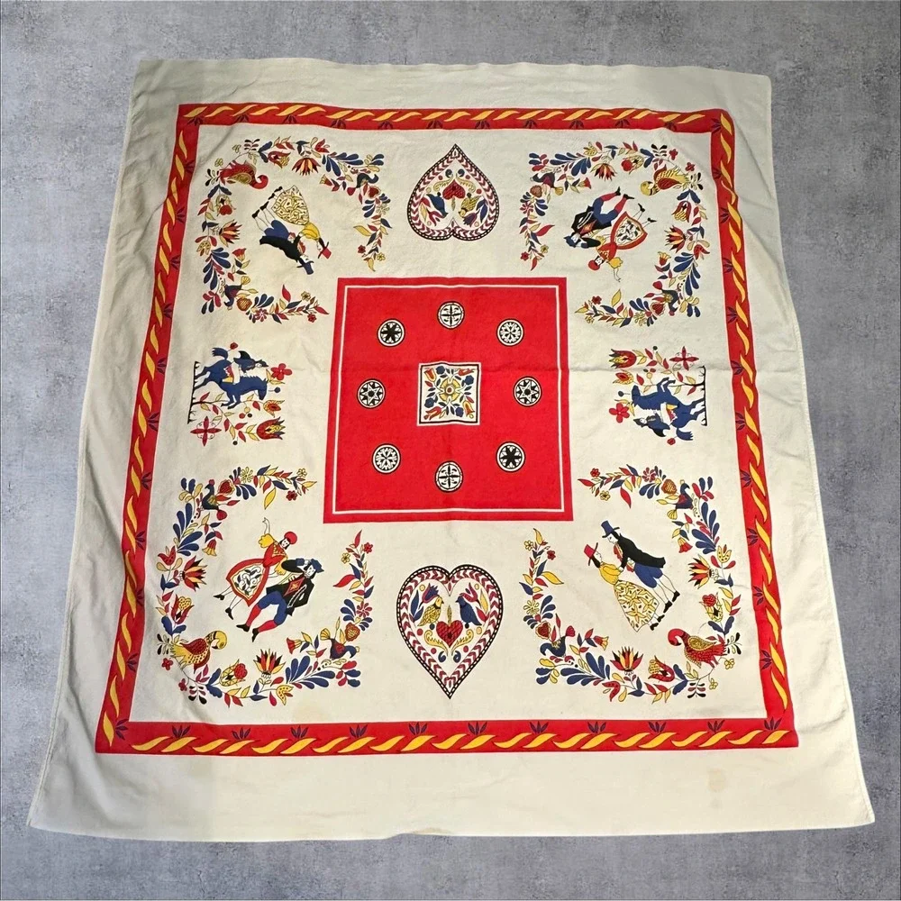 Vintage‎ Folk Art Tablecloth 51x44 Cream Red Scandinavian Heart